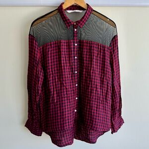 ZARA | Red/Black Plaid Button-Down Top with Mesh